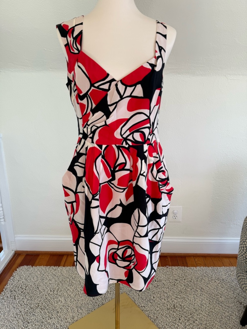 Nanette Lepore Vintage Silk Red Black & White Abstract Floral Midi Dress